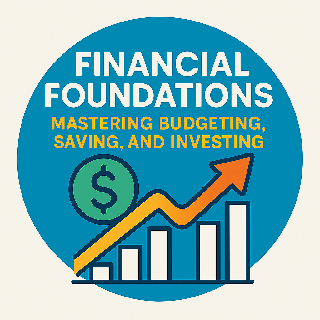 Financial Foundations course logo featuring budgeting, saving, investing symbols and a rising graph.