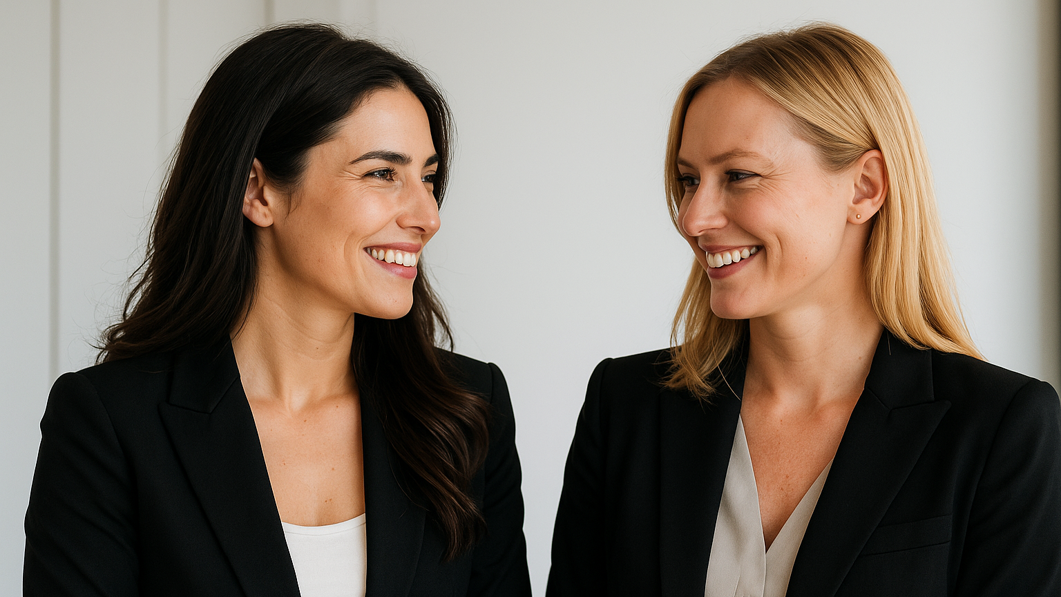 Two women in business attire smiling and looking at each other against a plain background