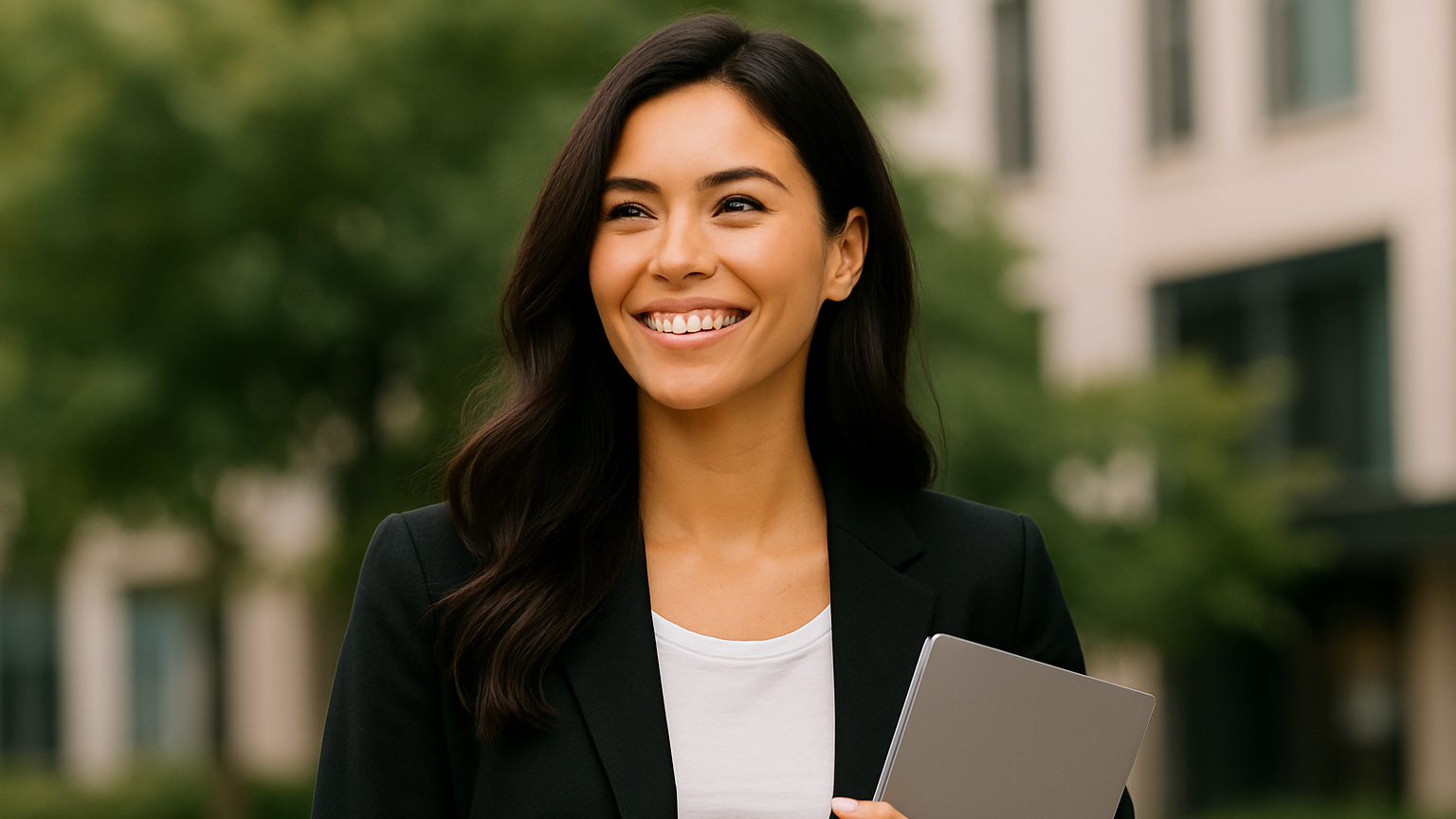 Woman holding a tablet outdoors with blurred building and trees in the background